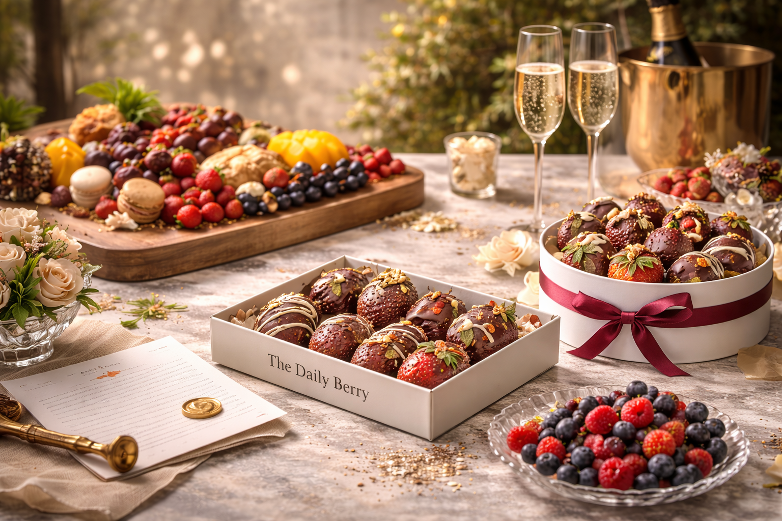 Luxury concierge spread with Daily Berry boxes and premium table setup